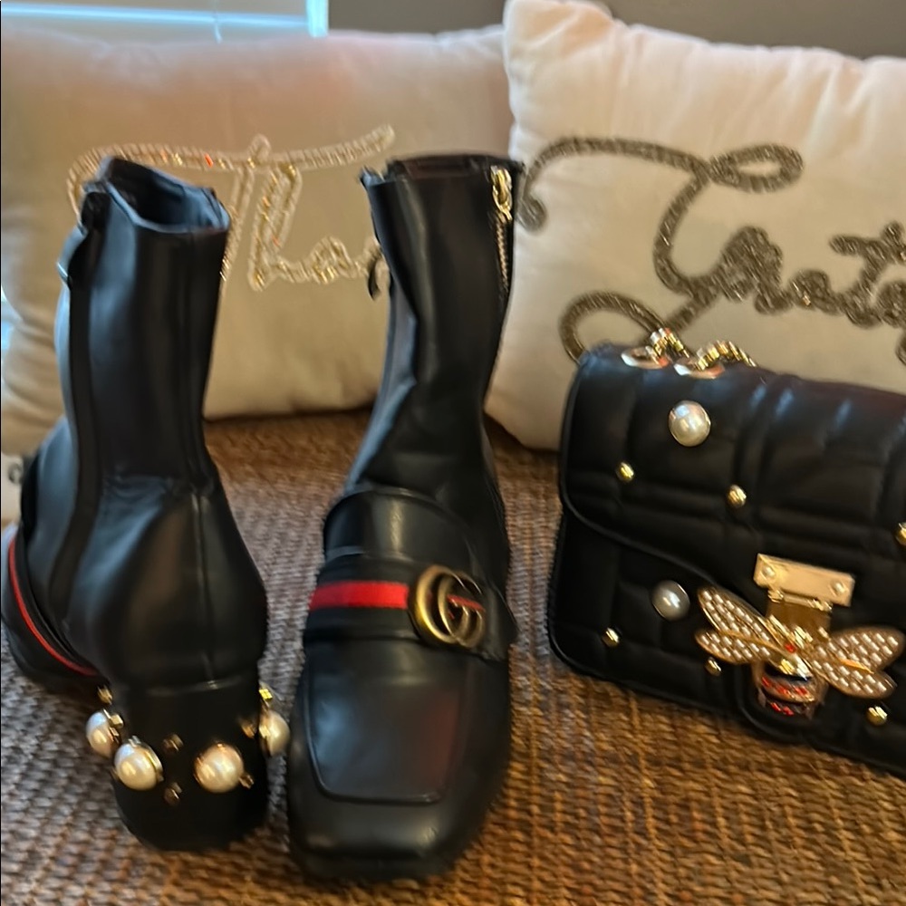Gucci Black Combat Boots with Pearl Embellishments